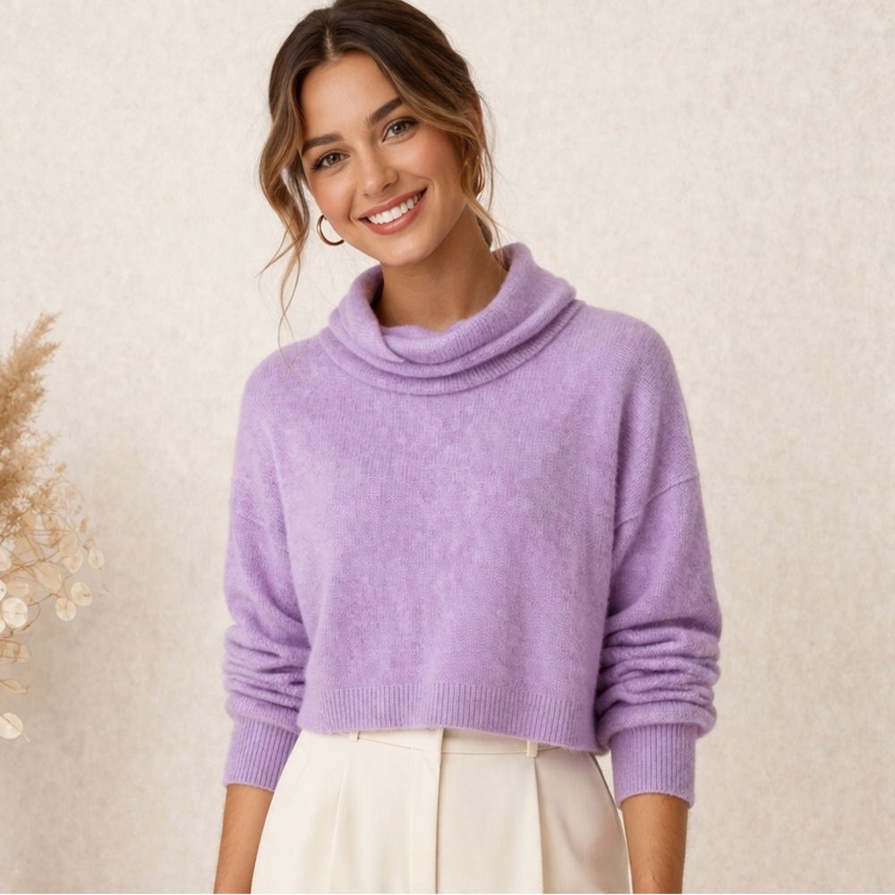 Anthropologie‎ Lavender Tunic Sweater Small Cowl Neck Side Slit Cozy Knit